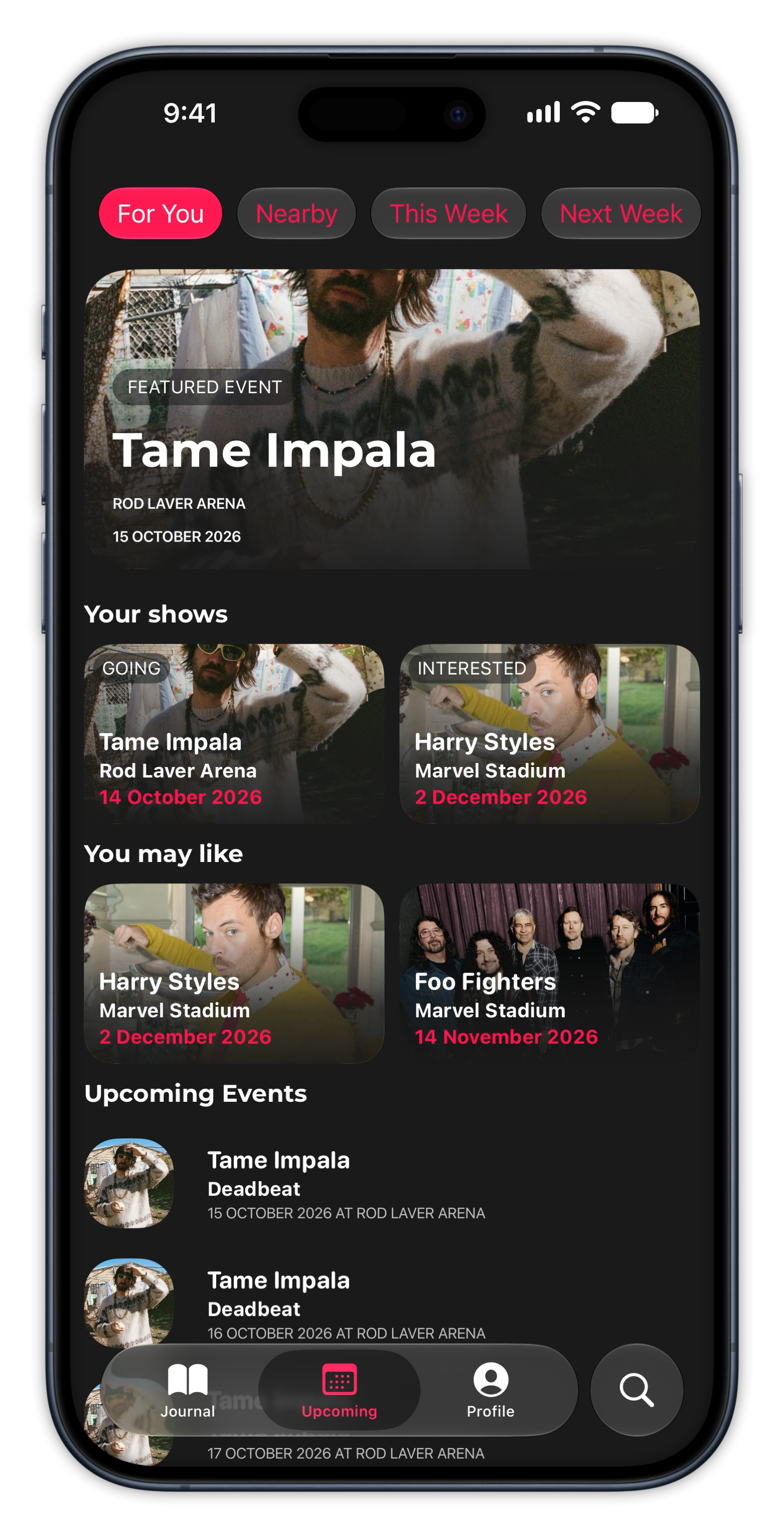 Gigz Upcoming Shows Screen